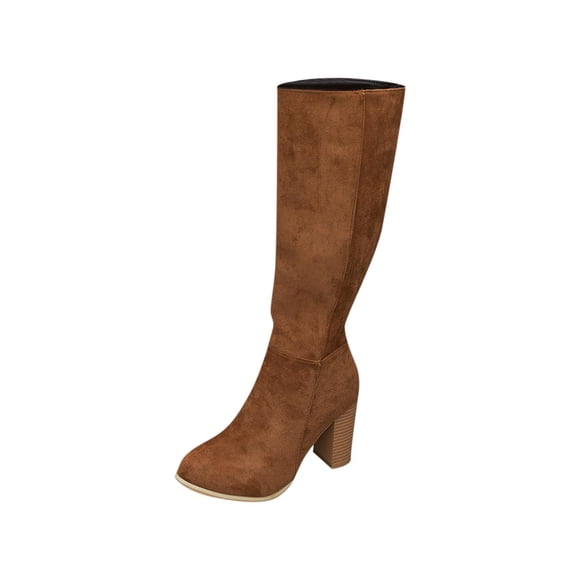 Xfvqtps Womens Knee High Boots Winter Fashion Pointed Toe Suede Boots with Side Zipper Chunky Block Heel Comfortable Long Calf Casual Boots Brown