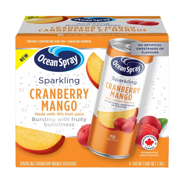 Ocean Spray Sparkling Cranberry Mango 6PK with six 340 ml cans featuring orange and white packaging with cranberry and mango fruit images, made with 15% real fruit juice and no artificial sweeteners or flavours, proudly manufactured in Canada, suitable for a refreshing sparkling beverage.