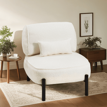 YODOLLA Mid-Century Modern Accent Chair, 280GSM Teddy Fleece Upholstered Armchair with Pillow, 7-inch Thick Cushion & 350LB Capacity, White