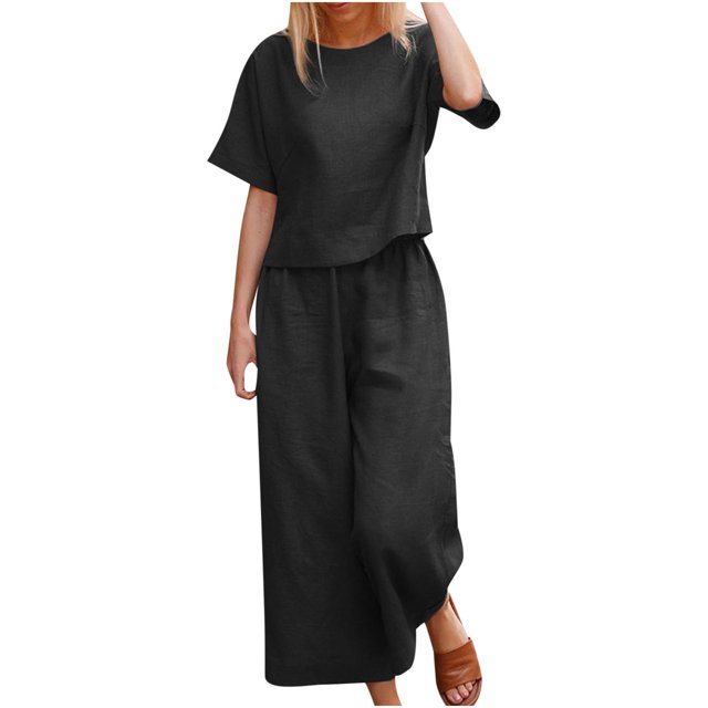 Womens Pants Suit Round Neck Short Sleeve Solid Color Tops Wide Leg Pants Ladies Summer Casual Pants Set
