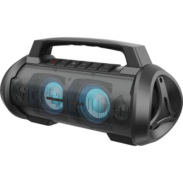 Wicked Audio Growl XL Bluetooth Party Speaker featuring a cylindrical design with a black mesh grille and integrated handle. The speaker includes LED Party Mode lights glowing in blue, a 3.5-inch Mega Bass Woofer, and Quad Drivers for immersive sound. Waterproof with an IPX6 rating, it is suitable for outdoor events, beach parties, and poolside gatherings. The top panel has control buttons for power, playback, volume, and LED settings. Includes USB to USB-C charging cable, 3.5mm aux cord, and instruction booklet.