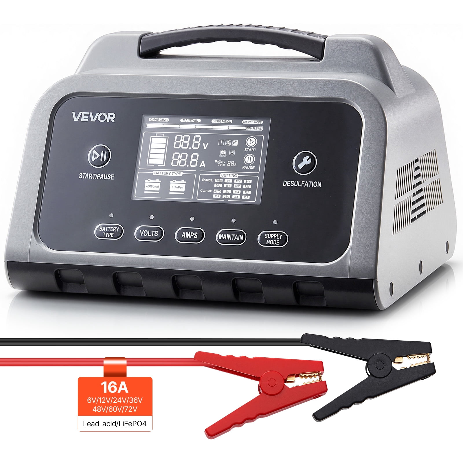 VEVOR Smart Battery Charger, 16A, 6V 12V 24V 36V 48V 60V 72V Lithium LiFePO4 Lead-Acid (Gel/AGM) Car Battery Charger, with LCD Display