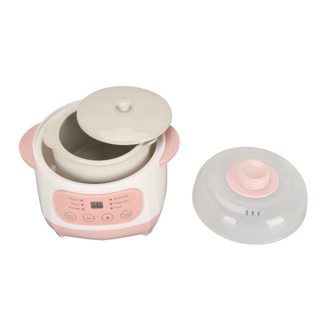 Petit Plat à Mijoter Électrique Intelligent d'Une Capacité de 1 L, Conçu pour les Soupes, Ragoûts, Bouillie et desserts. Doté d'Un pot Intérieur en Céramique et d'Un Couvercle, d'Un Extérieur en ABS Rose et Blanc, et de Commandes Numériques pour le Minutage et les modes de Cuisson. Comprend un Couvercle transparent Supplémentaire et un Manuel d'Utilisateur, Idéal comme Réchaud Électrique pour Aliments.