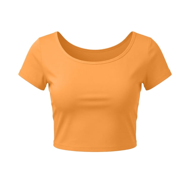 VSSSJ Crop Tops pour Femmes Manches Courtes Col Rond Extensible Chemise Décontractée Ajustée Solide Confortable Été Basique T-Shirts Courts Orange Taille Unique