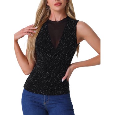 INSPIRE CHIC Women's Sleeveless Mesh Tops Glitter Party Christmas Sparkly Shirt Black XS