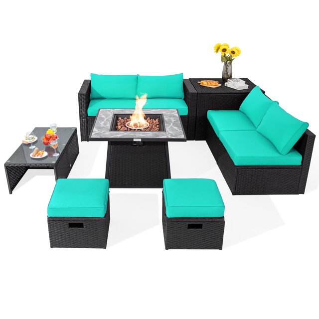 Patiojoy Canapé Sectionnel d'Extérieur en Rotin PE Tressé 9 Pcs avec Table de Foyer au Gaz de 35 Pouces, Ensemble de Conversation de Patio Gain de Place avec Coffre de Rangement Turquoise