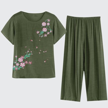 Baikeli Ladies Suits Clearance 2 Piece Sets for Women Going Out Suits Flower Print Tops Elastic Waist Pants Plus Size Breathable Tracksuits Spring Sets Women 2 Piece Outfits