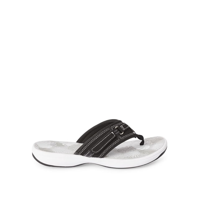 Time and Tru Women's Flip Flops with black synthetic upper and white contrast stitching, hook and loop strap closure on the thong strap, printed grey floral footbed, and white synthetic outsole with slight arch support, suitable for casual summer wear and walking on grass, sidewalks, or sand.