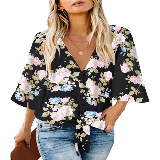 CHUANK Women‘s Button Down V Neck Tops Ruffled 3/4 Sleeve Tie Knot Front Blouses White Sizes S-2XL