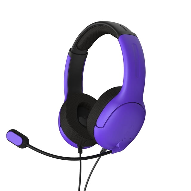 PDP AIRLITE Wired Headset Ultra Violet for PlayStation 5 and PlayStation 4, lightweight 7 oz over-ear design with padded black earcups and headband, 40mm drivers for immersive gameplay audio, noise-cancelling mic with flip-to-mute on flexible boom, wired connection on white background, ideal for long gaming sessions.