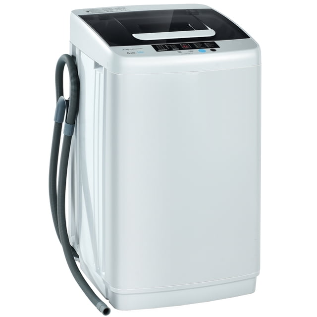 Gymax Full-Automatic Washing Machine Portable Compact Laundry Washer Spin 8.8 lbs in grey. This top-loading washer features a clear lid, control panel with 10 washing modes, and 5 water level selections. It includes a stainless steel tub with an 8.8 lbs capacity, child-lock setting, and adjustable feet for uneven surfaces. The compact design, measuring 18''L x 18.5''W x 31''H, is ideal for small spaces like apartments or dorms. Side handles and lightweight construction make it portable.