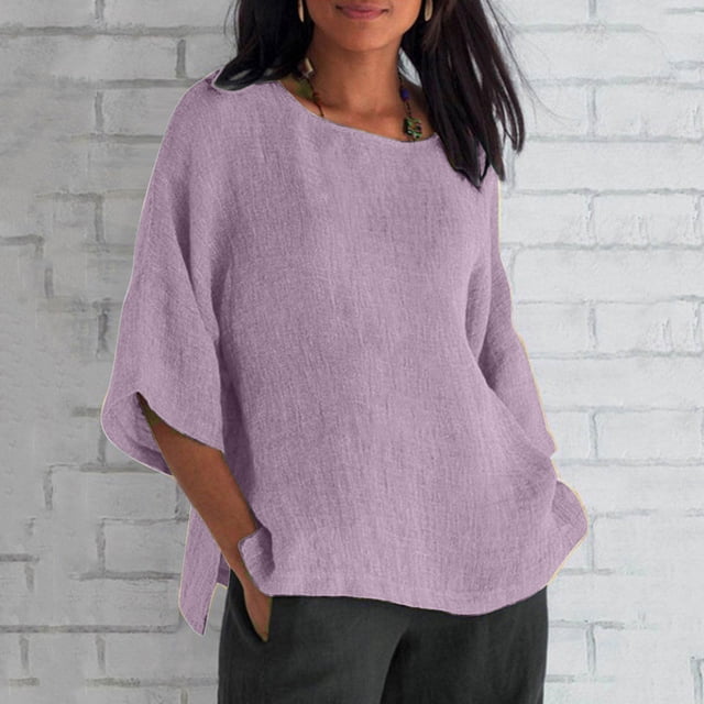 EGNMCR T-Shirts pour Femmes Mode d'Été pour Femmes Manches Raccourcies Col Rond Coton Ligne Chemise Ample Blouse
