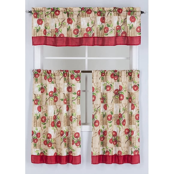 Kitchen Curtain Jacquard Printed Design 3pc Set (Includes 2 Tiers and 1 Valance) by ATI (Apple Print)