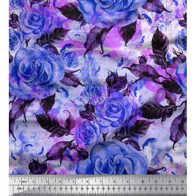 Soimoi Tissu en Coton Cambric Imprimé Feuilles & Roses au Mètre 42 Pouces de Large