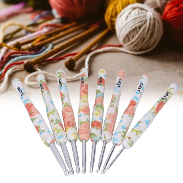 8pcs Crochet Hook Set Printing Aluminum Handcraft DIY Colorful Crochet Hook Ergonomic Knitting Hook for Knitters for Sewing,Extra Long Handle Yellow Small Flower