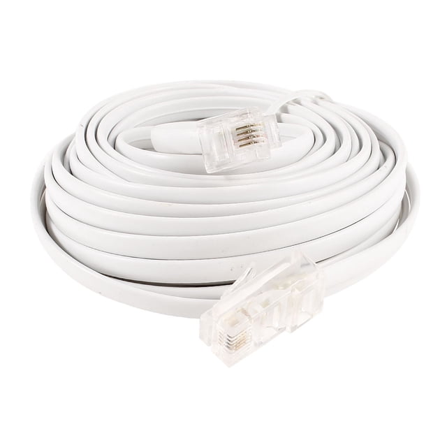 Unique Bargains Office RJ11 6P4C to RJ45 8P4C modular network telephone cable in white, 6 meters (20 feet) in length. Features male RJ11 to male RJ45 connectors, suitable for standard RJ11 phones. Made of durable plastic with a lightweight design, weighing 65 grams.