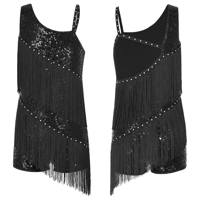 Mufeng Vêtements de Danse Latine Rumba pour Grandes Filles Justaucorps de Jazz Moderne Compétition Samba Tango Robe de Danse Noire 10