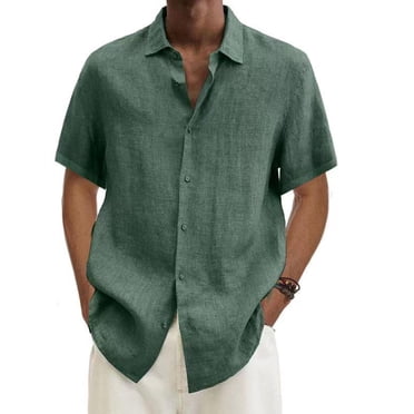 lcziwo Men's Cotton Linen Shirt Casual Button Down Shirts Lightweight Short Sleeve Shirts Summer Dress Shirts Blouse 2024 Green XXL