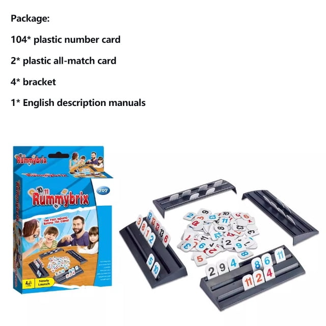 Yanluna Fast Moving Rummy Tile Classic Board Game for 2-4 players, featuring 104 plastic number tiles, 2 all-match tiles, 4 black tile racks, and an English instruction manual. The game is portable, with mahjong-style tiles measuring 27x19x2mm, and is suitable for ages 7 and up. Packaged in a compact bag, this interactive party game is ideal for gatherings and family fun.