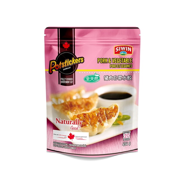 Siwin Frozen Pork and Vegetable Potsticker with Authentic Flavour and Modern Convenience in a pink resealable bag showing pan-fried golden potstickers on a white plate with soy dipping sauce, fully cooked and made with 100% Canadian pork, 454 g (approx. 20 pieces), suitable for pan-frying, steaming, boiling, or adding to soup.