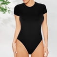 thumbnail image 2 of Penkiiy Justaucorps pour Femmes à Col Ras du Cou, Col Rond, Manches Courtes, Coupe Ajustée, Décontracté, Basique, Rallonge, Combinaison Quotidienne, T-Shirts, Noir, Gaine Ventre, 2 of 6