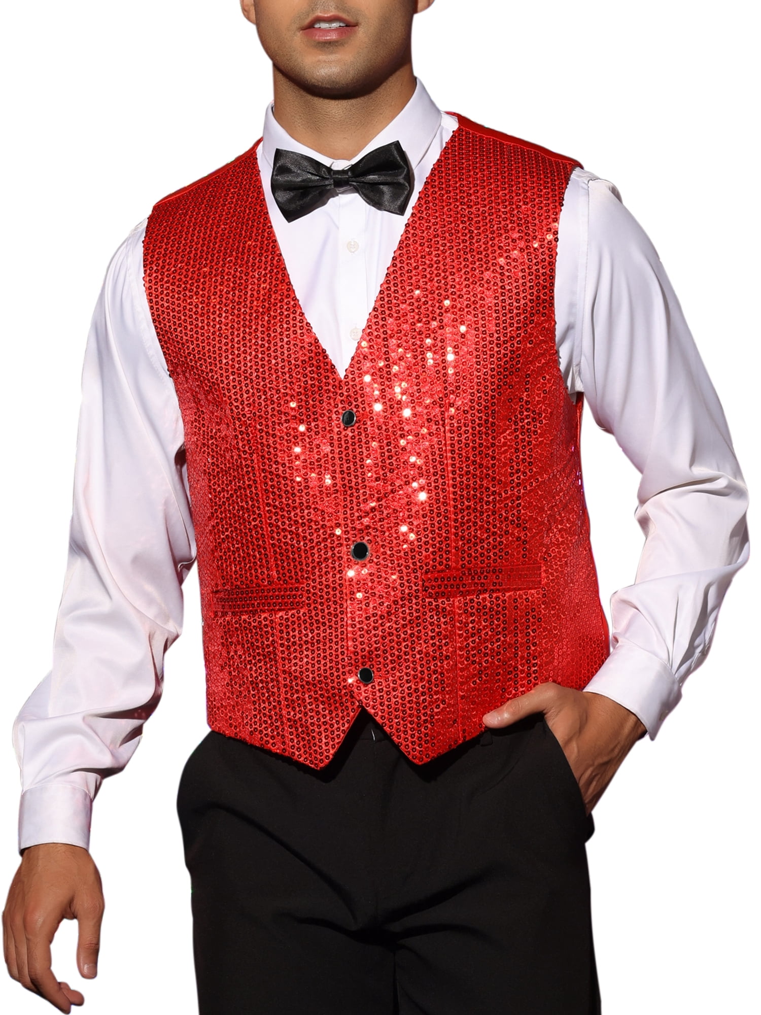 INSPIRE CHIC Gilet Scintillant à Paillettes pour Homme Sans Manches à Col en V pour Fête S Rouge
