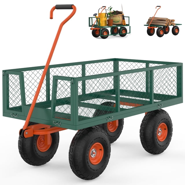 Chariot de Jardin en Acier Robuste, Chariot Utilitaire de Cour en Acier Vert avec Côtés en Treillis, Poignée orange Ajustable et Quatre Pneus Pneumatiques de 10 Pouces pour un Déplacement Fluide sur Divers terrains. le Chariot Présente des Côtés Amovibles, Se Convertissant en Plate-Bande pour Transporter du Terre, des Outils Ou du Bois de Chauffage. des images Plus Petites Montrent le Chariot en modes Clôturé et Plate-Bande Transportant des Outils et Matériaux de Jardin.