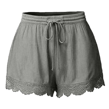 Timegard Shorts Grande Taille pour Femmes, Jambe Grand, Taille Élastique avec Cordon, Dentelle à Volants, Couleur Unie, Shorts Décontractés