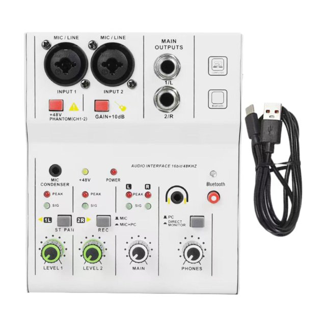 Bunblic 2 Channel Audio Mixer Audio Interface 48V Power Lightweight Mixing Professional for Karaoke Home Singing White