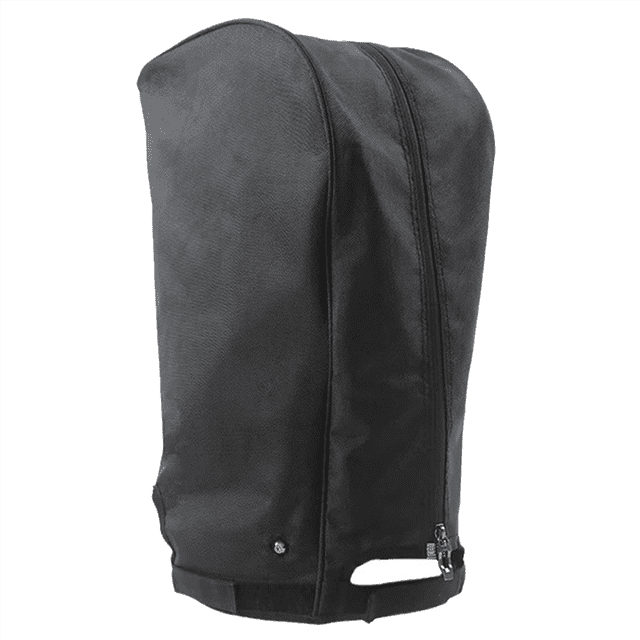 Golf Bag Rain Cover Hood Universal Rain Cape for Golf Bags with Snap Button, shown in black Oxford cloth material. Designed to fit 8.5-inch to 9-inch golf stand bags and cart bags with a top handle. Features an adjustable nylon buckle for a secure fit, a connecting buckle for stability, and a waterproof, dustproof design. The cover is foldable for compact storage, rolling up to the size of a sleeve of golf balls.