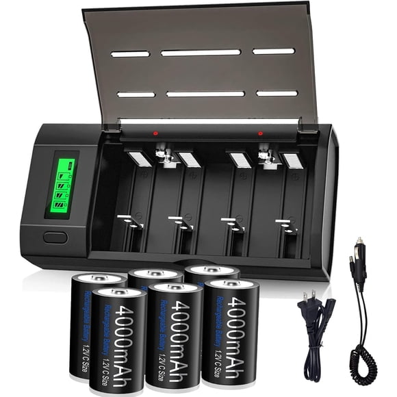 Premium Rechargeable C Battery with Charger, 6 Packs High Capacity 4000mAh 1.2v NiMH C Size Batteries with Universal Battery Charger for AA AAA 9V D C Rechargeable Batteries