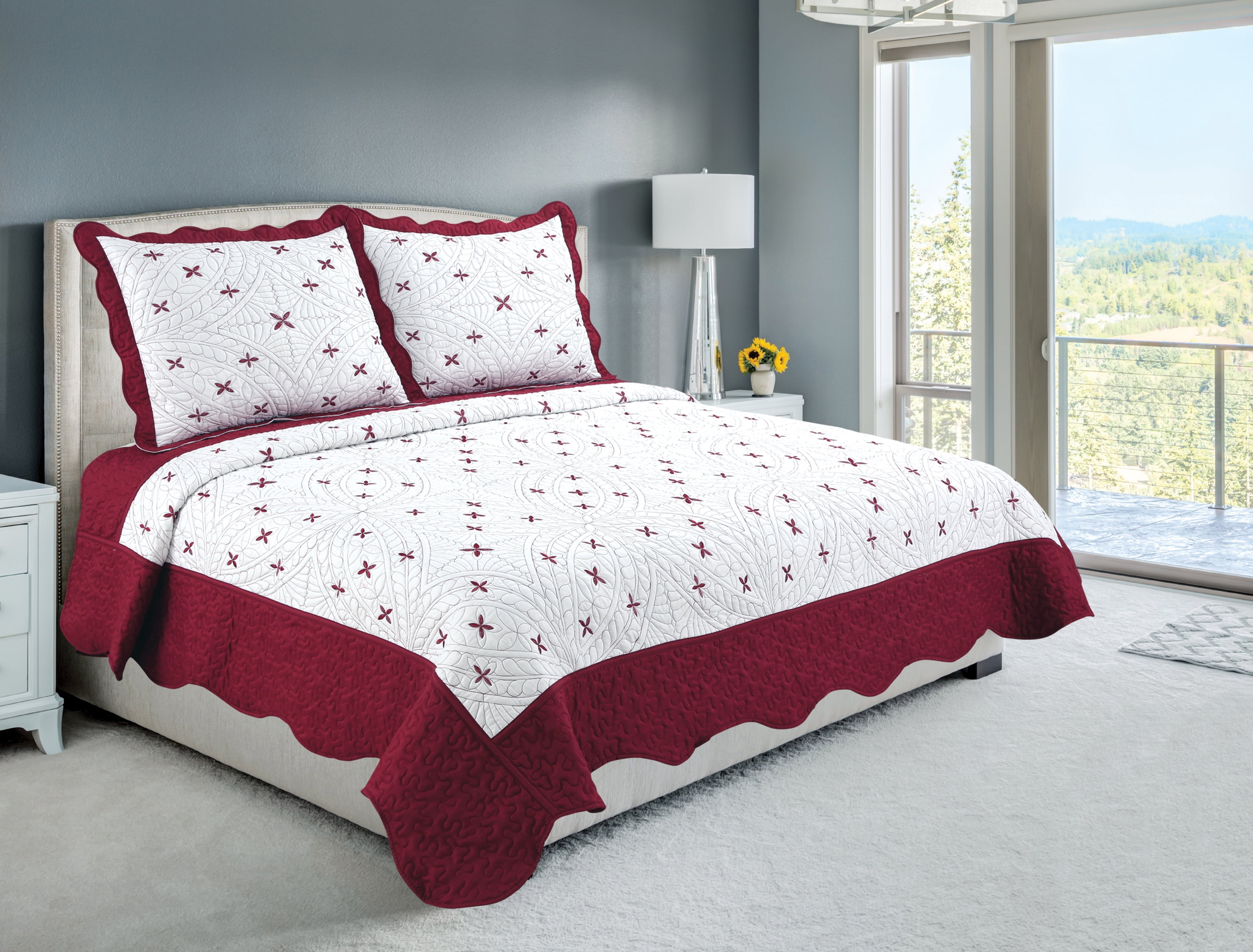 Couvre-lit brodé Marina Decoration, ensemble de literie d'été ultra doux et uni avec taie d'oreiller matelassée, motif floral rouge