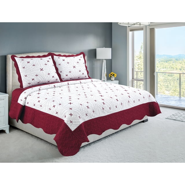 Marina Decoration Embroidered Stitching Coverlet Bedspread Ultra Soft Solid Bedding Summer Quilt Set with Quilted Sham on a twin bed, featuring a white coverlet with red floral embroidery and a solid red scalloped border. Includes two matching pillow shams against a beige upholstered headboard. The lightweight, breathable, reversible quilt is ideal for summer and can also be used as a light blanket. The bedroom has grey walls, a white nightstand with a glass lamp and yellow flowers, and large windows overlooking green hills.
