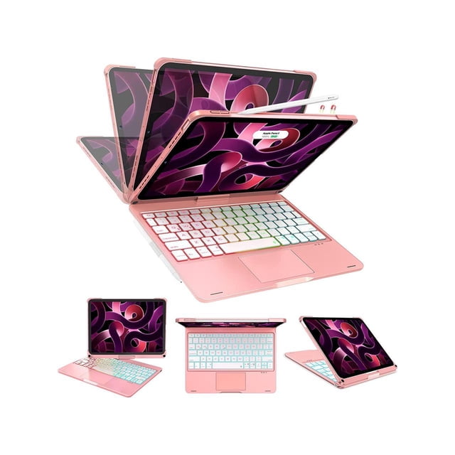 Étui pour iPad 10e Génération 10,9 Po 2022 avec Clavier et Pavé Tactile, Fini Rose. Comprend un Clavier Rétroéclairé avec 7 Couleurs Réglables, un Pavé Tactile Intégré et un design Rotatif à 360 Degrés. Comprend un Porte-Crayon et des Découpes Précises pour les ports. Compatible avec les Modèles iPad A2696, A2757 et A2777. Offert en Plusieurs configurations, Mettant en Valeur Sa Polyvalence et Sa Fonctionnalité de Type Portable.