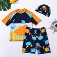 thumbnail image 2 of PMVFHDE Toddler Boys' 3-Piece Swimsuit Set - Short Sleeve Rash Guard + Elastic Waist Trunks & Swim Cap, Quick-Dry Breathable Sun Protection for Beach/Pool Blue-D,4-5 Years, 2 of 7