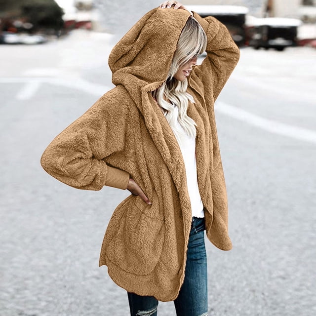 Fiogavroetic Women's Oversized Open Front Hooded Draped Pockets Cardigan Coat