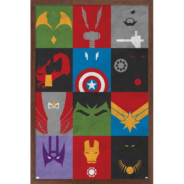 Marvel Comics - Avengers - Affiche Murale Minimaliste à Grille, 22,375 Pouces x 34 Pouces Encadrée Présentant une Grille 3x4 d'Icônes Minimalistes Représentant des Personnages Avengers Incluant le Casque Vert de Loki, le Marteau Gris de Thor sur le Rouge, le Masque d'Iron Man sur le Gris, la silhouette Rouge de Black Widow sur le Bleu, le Bouclier de Captain America sur le Noir, les Ailes de Falcon sur le Gris, les Yeux Verts et Fâchés de Hulk,