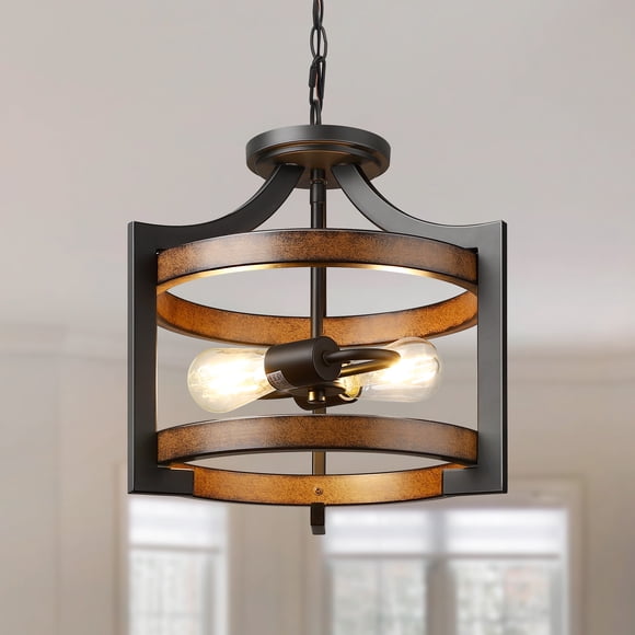 EDISHINE Semi Flush Mount Ceiling Light, Farmhouse Ceiling Light Fixture with Detachable Chain, Metal Wood Grain Finish, 2-Light Pendant Light Fixtures for Hallway, Entryway, Foyer, Dining Room
