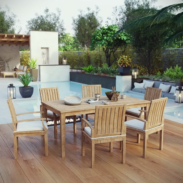 Modway Marina Ensemble de Salle à Manger d'Extérieur en Teck de 7 Pcs pour Patio en Blanc Naturel
