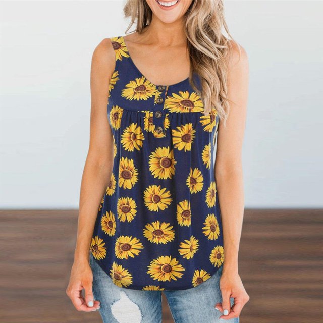 SMihono Womens Tops Womens Tank Top Fashion Womens Sleeveless Sunflower Print Color Block Tank Button T-Shirt Top Tank Tops for Women Womens Summer Tops