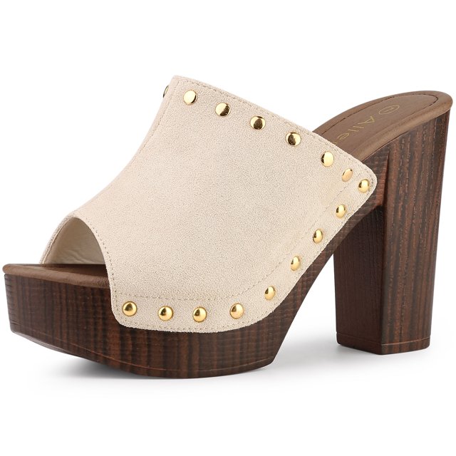 BLISSFUL STEP Chaussures pour Femmes à Plateforme à Talons Épais à Bout Ouvert à Rivets en Faux Suède Sandales à Enfiler Beige 7
