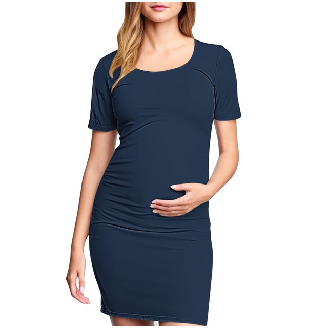 yoeyez Robe de Maternité Été Femmes Manches Courtes Col Rond Robe Soleil Douce Confortable Coton Robes de Grossesse Légère Ample Grande Taille Robe Midi Bleu Marine,TG