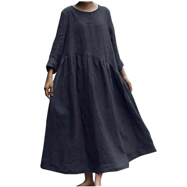 AherBiu Plus Size Dresses for Women Cotton Linen Long Sleeve Button Scoop Neck Ruched Loose Maxi Dress
