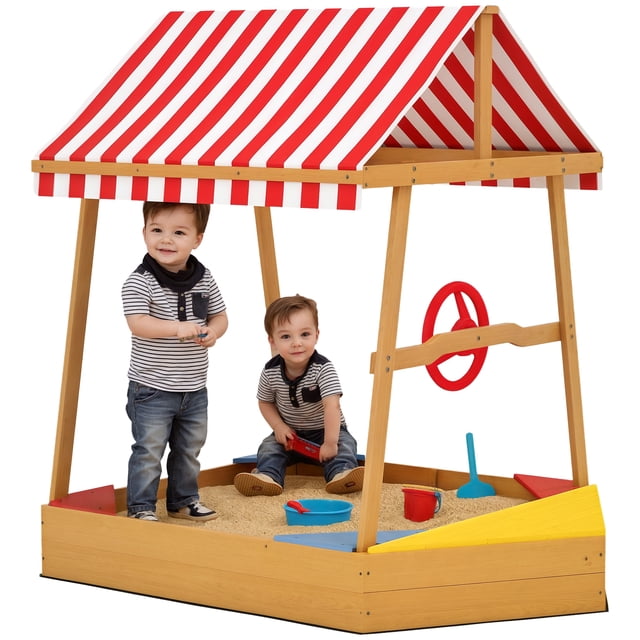 Qaba Kids Sandbox with Cover, 4 Seats, Rudder, Deck, for Ages 3-8, Yellow