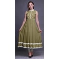 thumbnail image 2 of Bimba Robe Anarkali Géométrique Olive Green3 Col Mandarin Sans Manches Kurtis pour Femmes Imprimé Robe Maxi Très Grande, 2 of 6