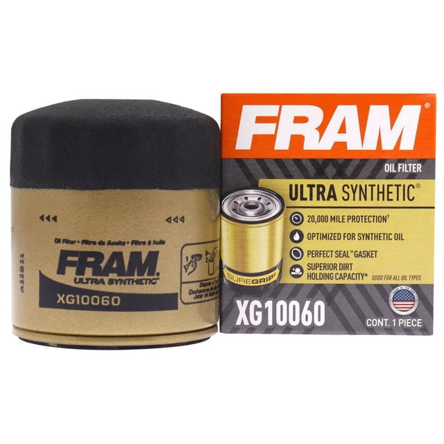 FRAM Ultra Synthetic Oil Filter XG10060 with black top and gold body next to its orange and black box displaying 20,000 mile engine protection, optimized for synthetic oil, perfect seal gasket, and superior dirt holding capacity, suitable for cars and light trucks using synthetic oils.