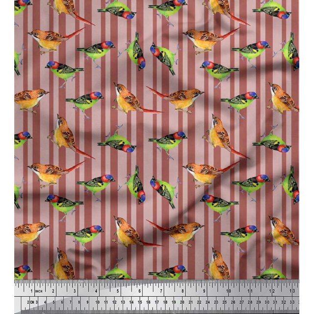 Soimoi Poly Georgette Fabric Stripe & Sparrow Bird Print Sewing Fabric Yard 52 Inch Wide