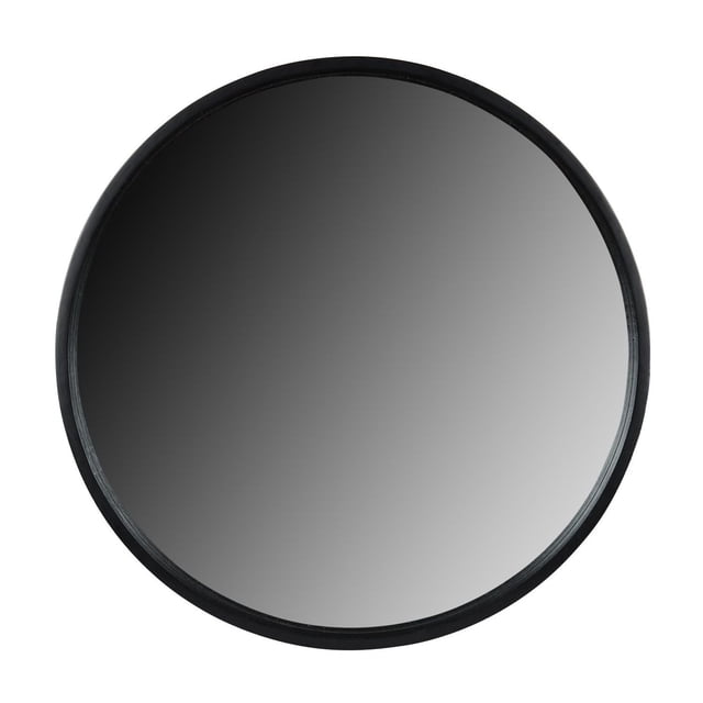 Hometrends Black Finish Round Mirror with a minimalist black frame, 21.6 inches in diameter and 1.438 inches deep, designed to add dimension and modern appeal to any wall, suitable for bedrooms or entryways.