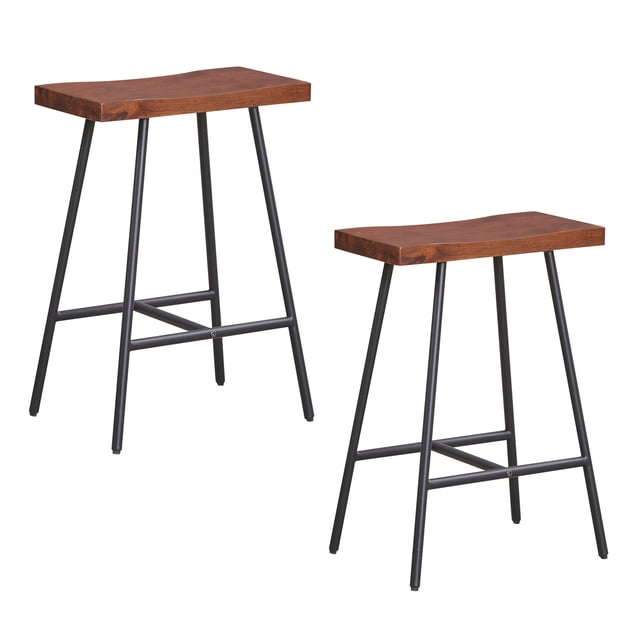 Costway Set of 2 Industrial Saddle Stool Counter Height Bar Stool Dining Pub Chair with Metal Frame. Each stool features a curved rubber wood seat in a walnut finish and a black metal frame with reinforced crossbars for stability. The compact design measures 17.5 inches by 11.5 inches by 24 inches, making it easy to store under counters. Includes 7.5-inch footrests for added comfort. Suitable for kitchens, bars, or cafes.