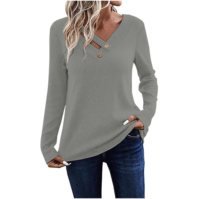 Womens Long Sleeve V Neck T Shirts 2025 Casual Basic Ribbed Knit Tops Lightweight Stretch Pullover Sweater Shirts